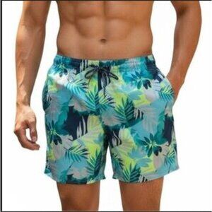 NWT Old Navy Blue Green Leaf Print 8" Inseam Swim Trunks Men's XL
